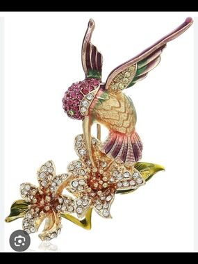 Napier Pink Green Gold Enamel Hummingbird and Flower Brooch